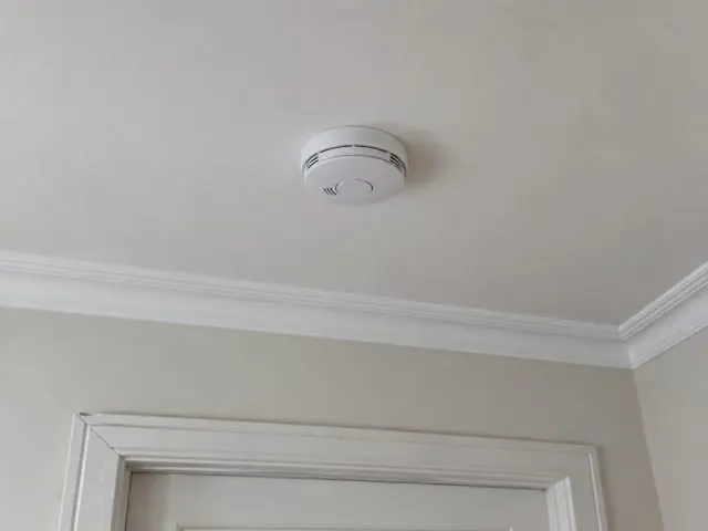 Ceiling-mounted smoke alarm above a doorway in a painted interior with crown molding in Georgetown